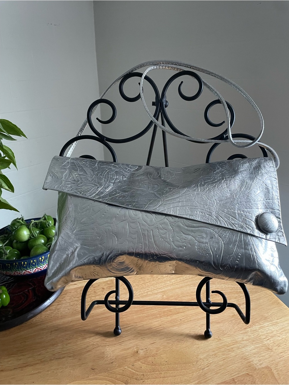 Metallic Silver Leather Floral Embossed Fold-Over Clutch/ Shoulder Bag
